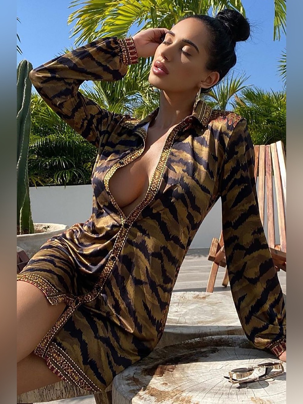 Gold Tiger-Print Button-Down Mini Dress size S but it can fit an M
